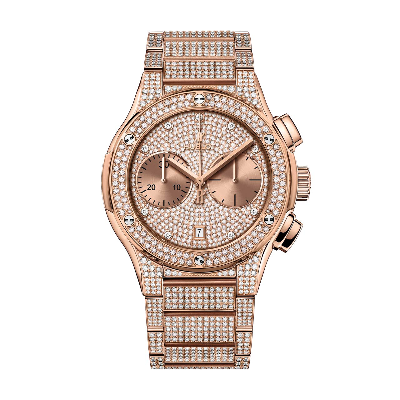 HUBLOT クラシック・フュージョン インテグレーテッド ブレスレット クロノグラフ キングゴールド フルパヴェ 520.OX.9010.OX.3704